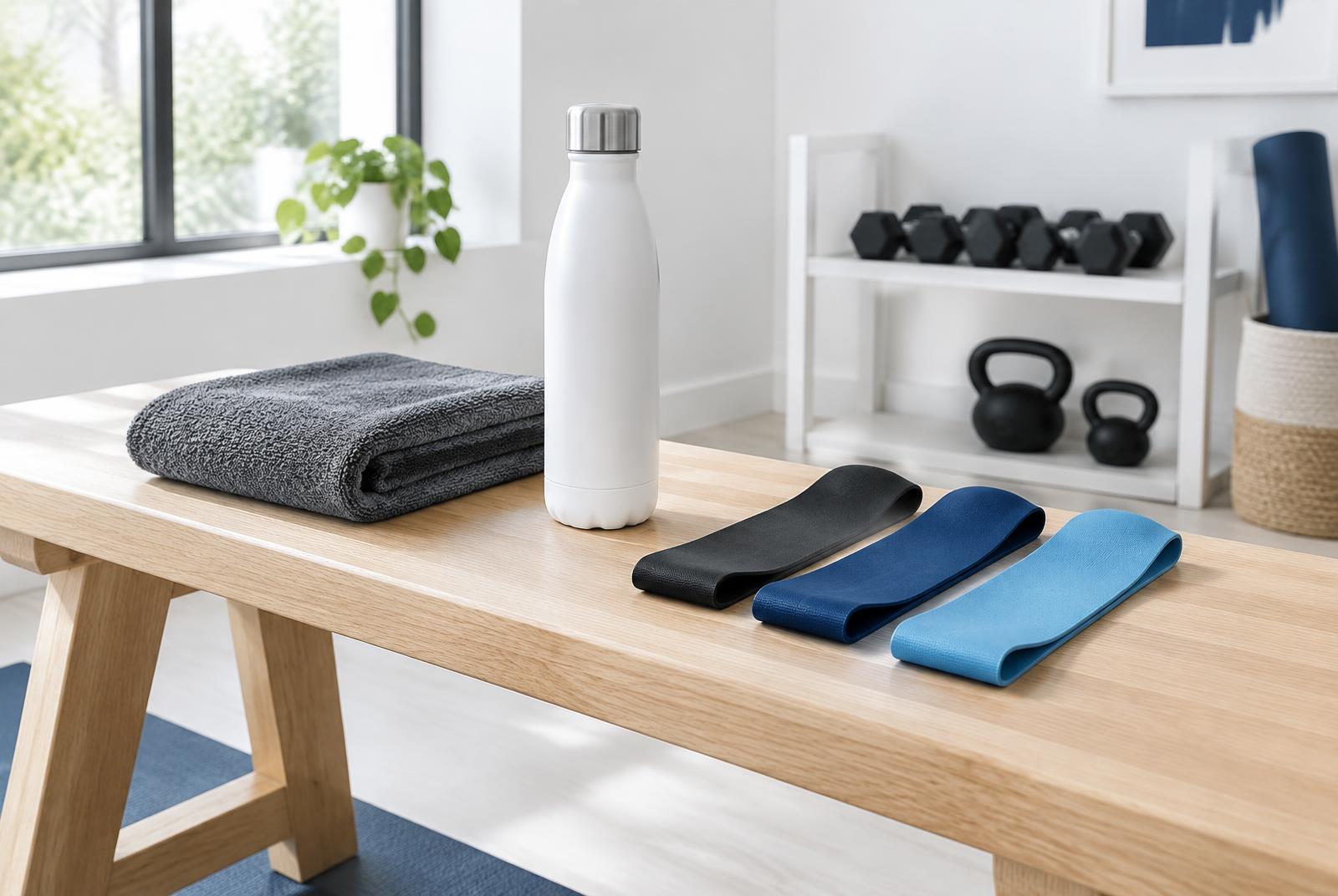 Training towel, white water bottle and resistance loop bands on a wooden gym bench
